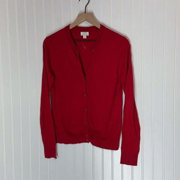 J.Crew Women’s Classic Cardigan Sweater Red 100 Cotton M Long Sleeve Lightweight - Picture 1 of 7